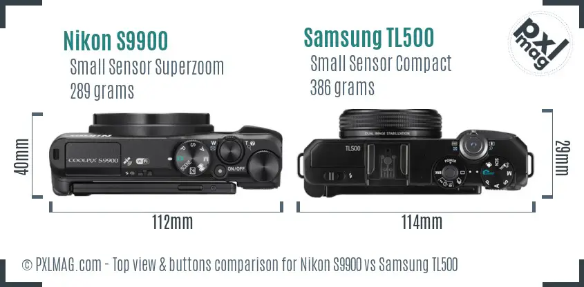 Nikon S9900 vs Samsung TL500 top view buttons comparison
