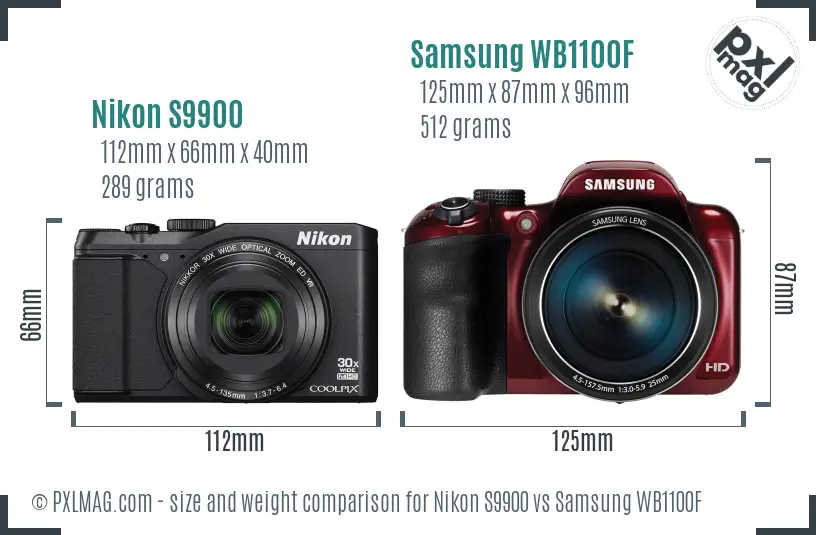 Nikon S9900 vs Samsung WB1100F size comparison