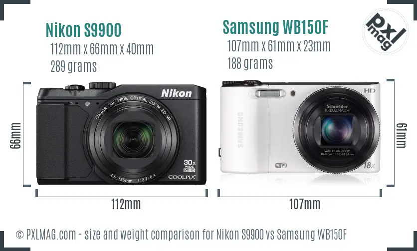 Nikon S9900 vs Samsung WB150F size comparison