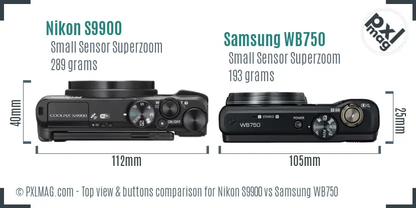 Nikon S9900 vs Samsung WB750 top view buttons comparison