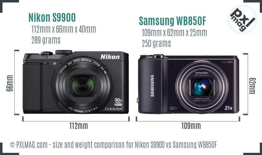 Nikon S9900 vs Samsung WB850F size comparison