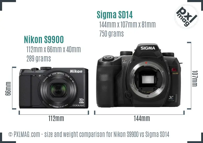 Nikon S9900 vs Sigma SD14 size comparison