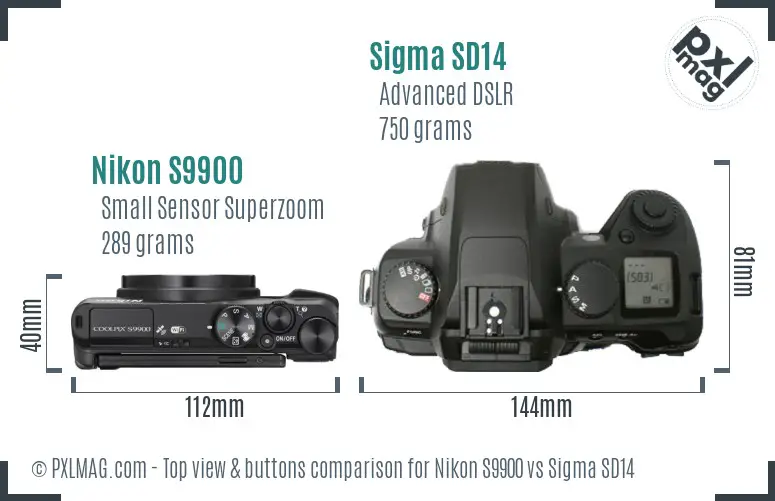 Nikon S9900 vs Sigma SD14 top view buttons comparison