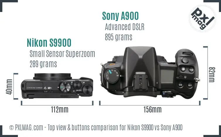 Nikon S9900 vs Sony A900 top view buttons comparison