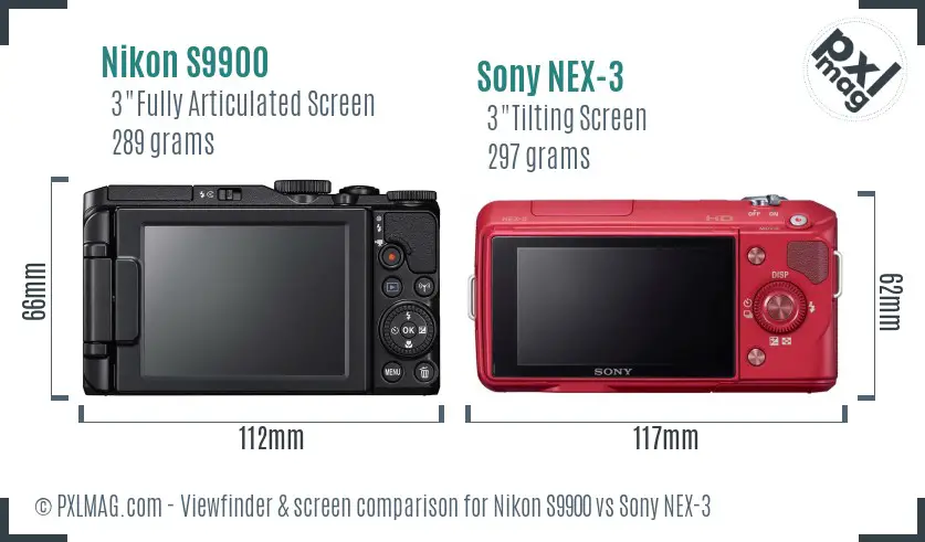 Nikon S9900 vs Sony NEX-3 Screen and Viewfinder comparison