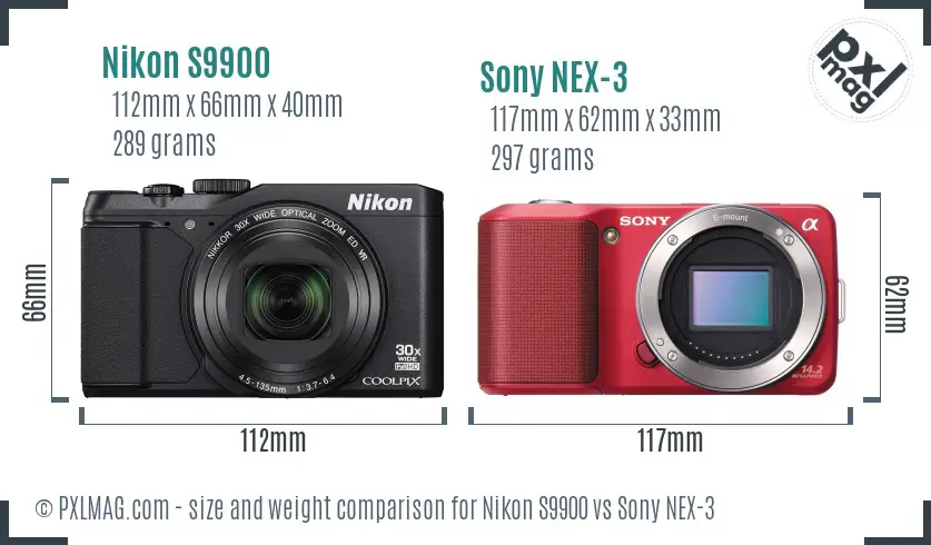 Nikon S9900 vs Sony NEX-3 size comparison