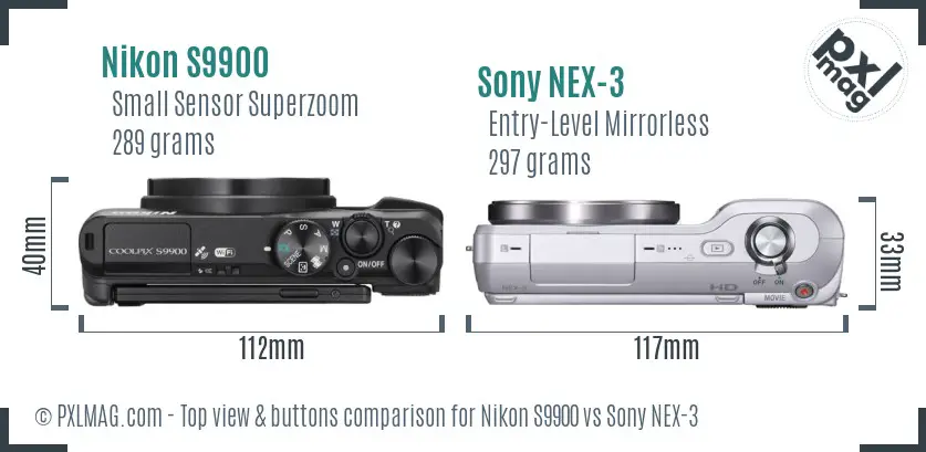 Nikon S9900 vs Sony NEX-3 top view buttons comparison