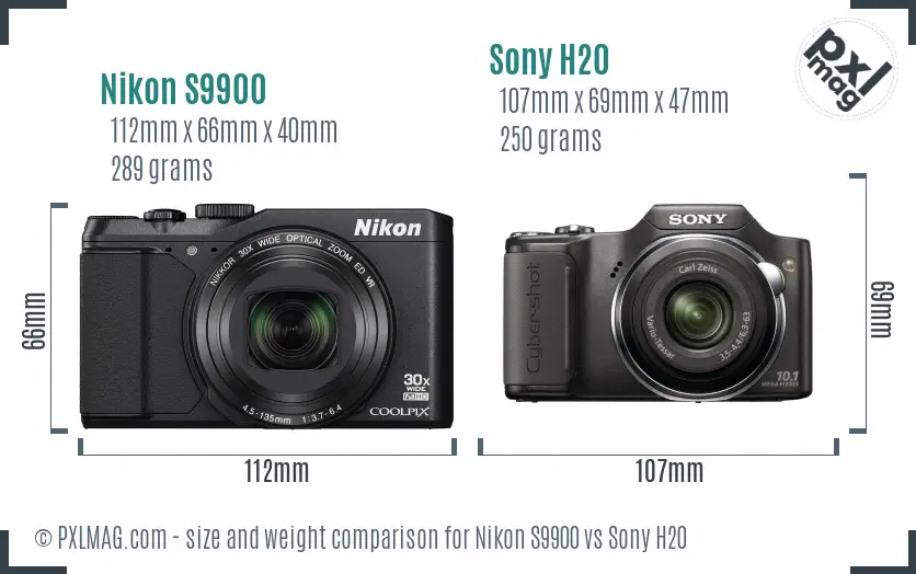 Nikon S9900 vs Sony H20 size comparison