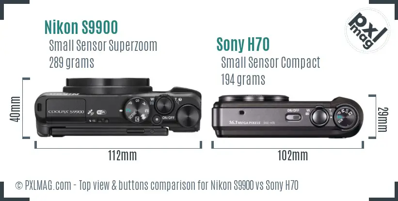Nikon S9900 vs Sony H70 top view buttons comparison