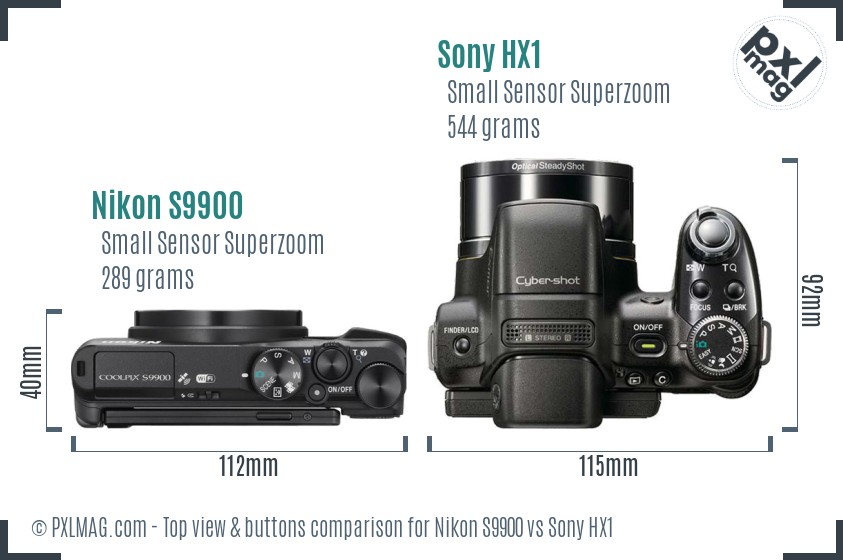 Nikon S9900 vs Sony HX1 top view buttons comparison