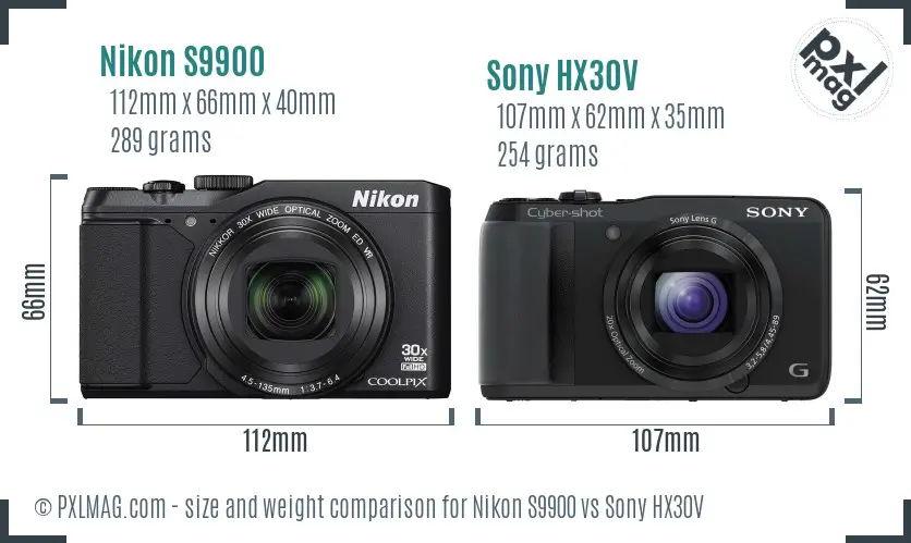Nikon S9900 vs Sony HX30V size comparison