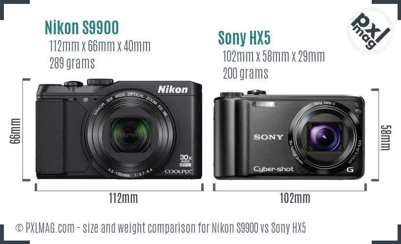 Nikon S9900 vs Sony HX5 size comparison