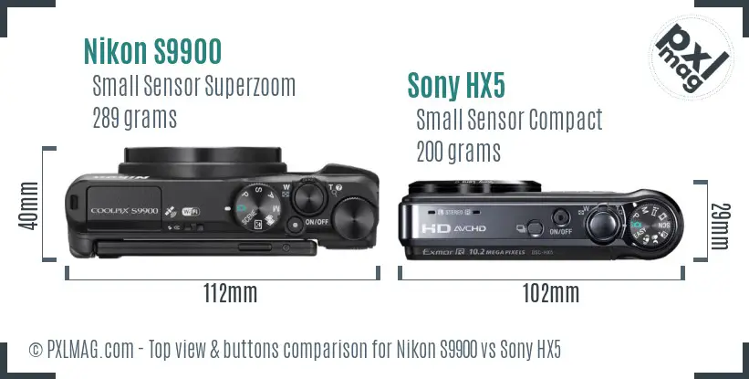Nikon S9900 vs Sony HX5 top view buttons comparison