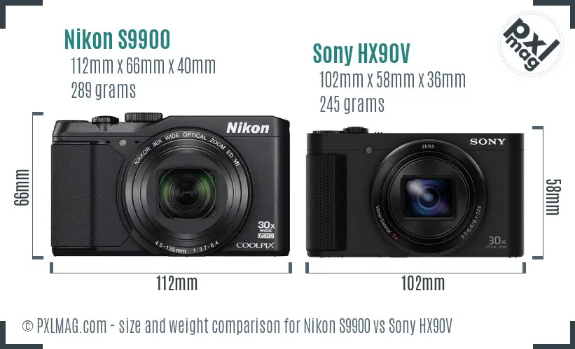 Nikon S9900 vs Sony HX90V size comparison