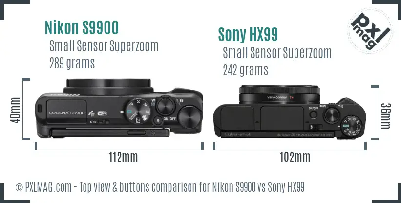 Nikon S9900 vs Sony HX99 top view buttons comparison