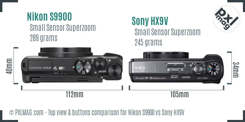 Nikon S9900 vs Sony HX9V top view buttons comparison Nikon S9900 vs Sony HX9V top view buttons comparison