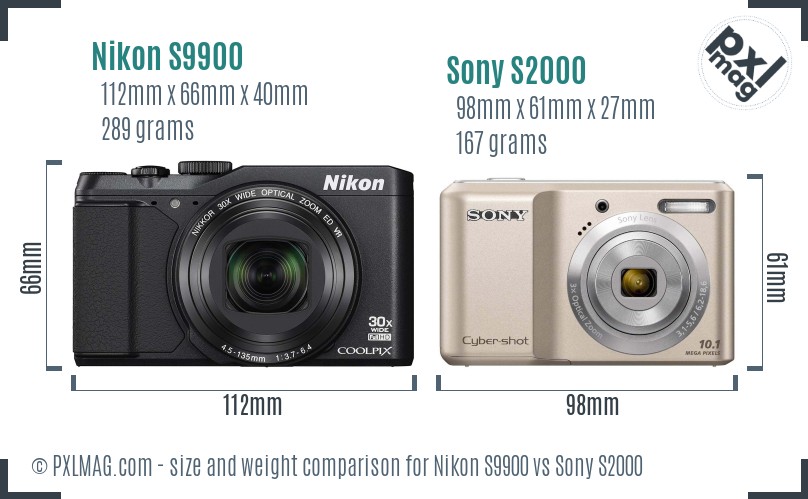 Nikon S9900 vs Sony S2000 size comparison