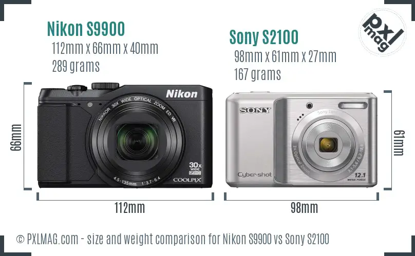Nikon S9900 vs Sony S2100 size comparison