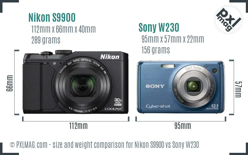 Nikon S9900 vs Sony W230 size comparison