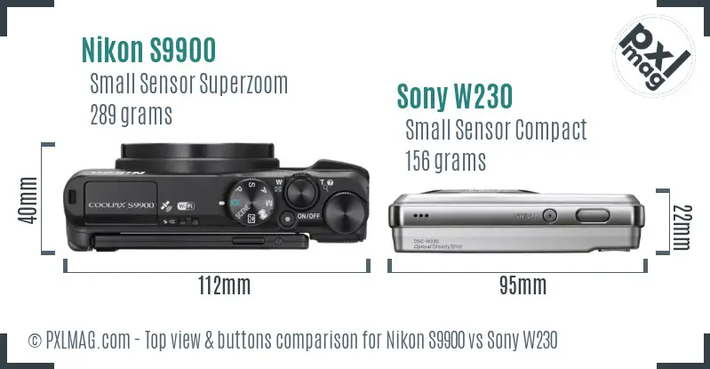 Nikon S9900 vs Sony W230 top view buttons comparison