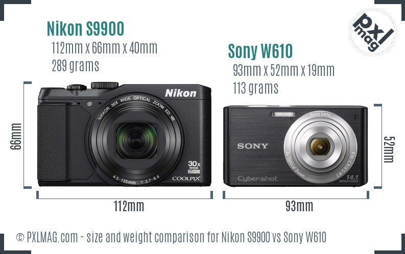 Nikon S9900 vs Sony W610 size comparison