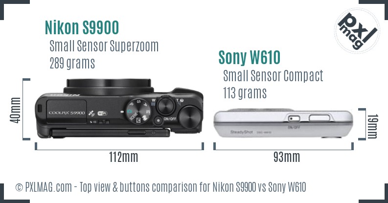 Nikon S9900 vs Sony W610 top view buttons comparison