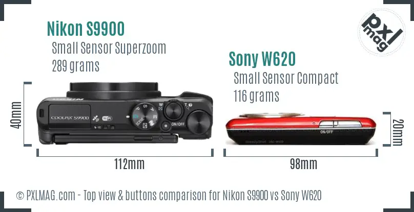 Nikon S9900 vs Sony W620 top view buttons comparison Nikon S9900 vs Sony W620 top view buttons comparison