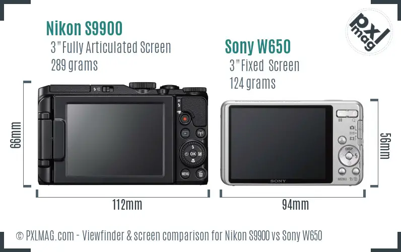 Nikon S9900 vs Sony W650 Screen and Viewfinder comparison