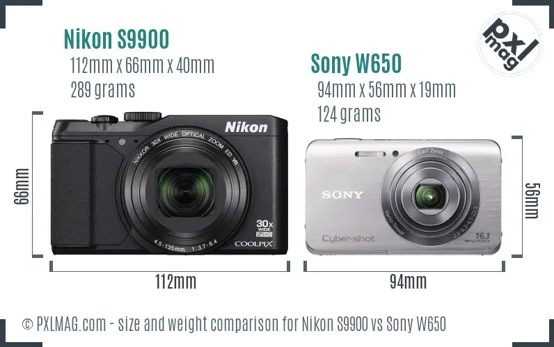 Nikon S9900 vs Sony W650 size comparison