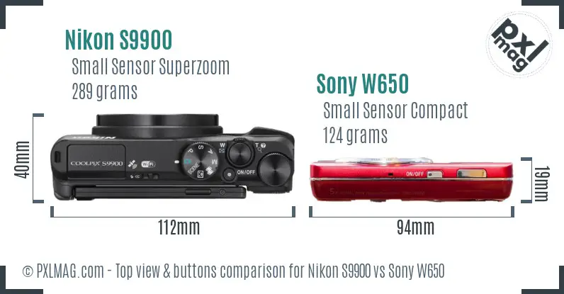 Nikon S9900 vs Sony W650 top view buttons comparison