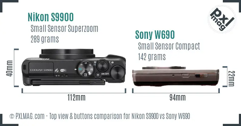 Nikon S9900 vs Sony W690 top view buttons comparison