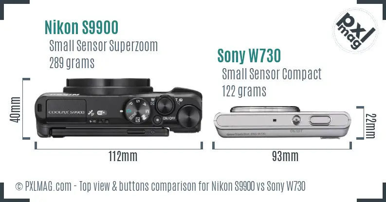 Nikon S9900 vs Sony W730 top view buttons comparison Nikon S9900 vs Sony W730 top view buttons comparison