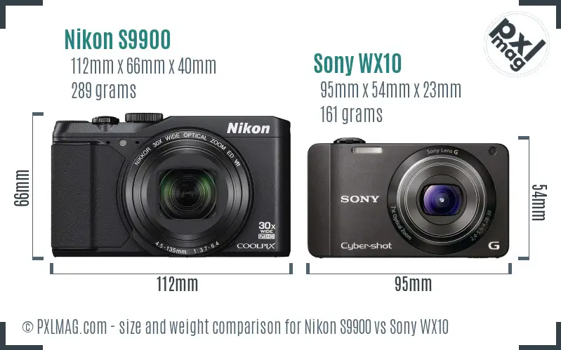 Nikon S9900 vs Sony WX10 size comparison