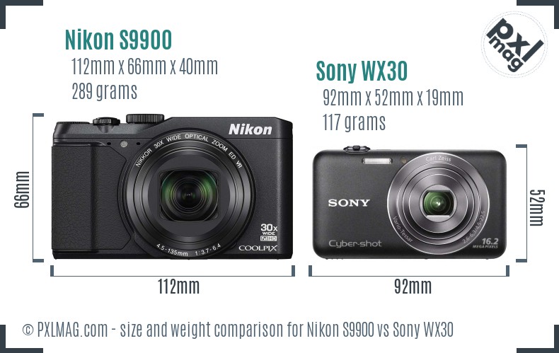 Nikon S9900 vs Sony WX30 size comparison