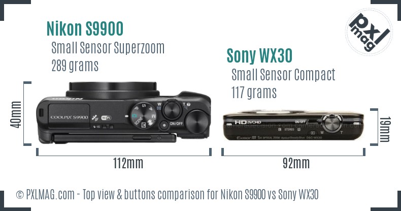 Nikon S9900 vs Sony WX30 top view buttons comparison