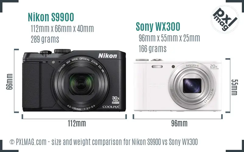 Nikon S9900 vs Sony WX300 size comparison