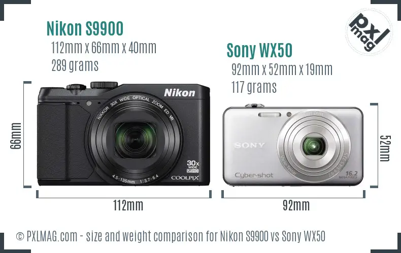 Nikon S9900 vs Sony WX50 size comparison