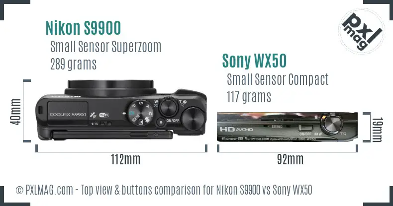 Nikon S9900 vs Sony WX50 top view buttons comparison