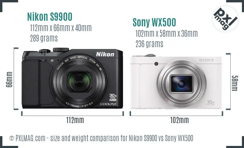 Nikon S9900 vs Sony WX500 size comparison