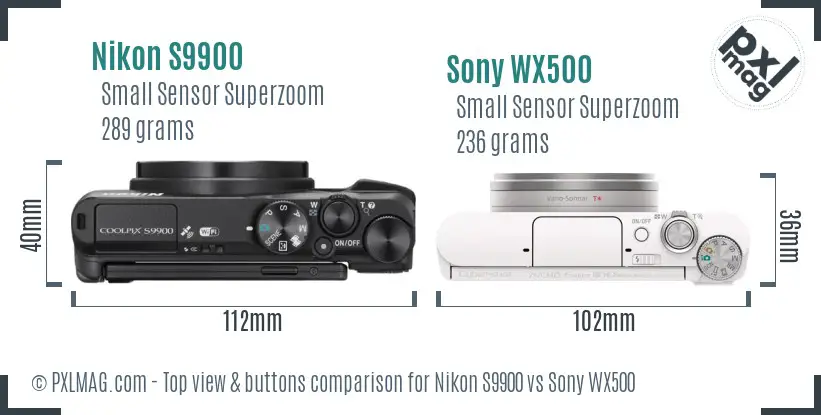 Nikon S9900 vs Sony WX500 top view buttons comparison