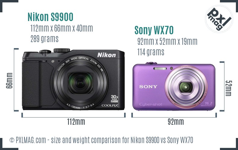 Nikon S9900 vs Sony WX70 size comparison