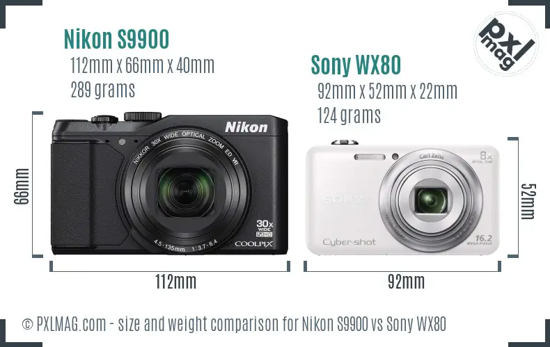 Nikon S9900 vs Sony WX80 size comparison