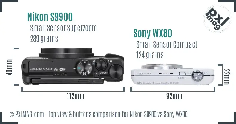 Nikon S9900 vs Sony WX80 top view buttons comparison