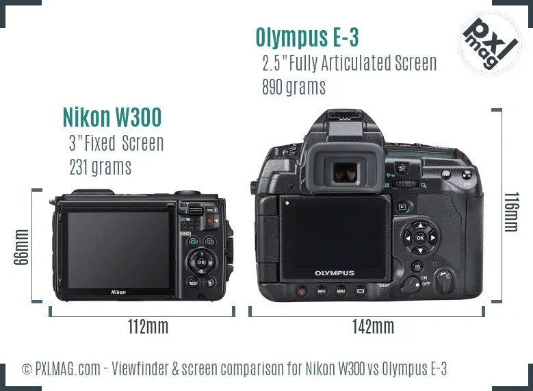 Nikon W300 vs Olympus E-3 Screen and Viewfinder comparison
