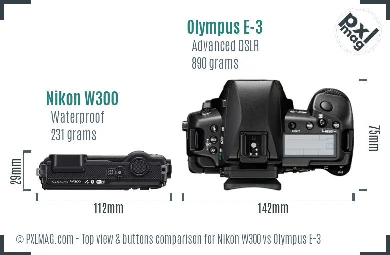Nikon W300 vs Olympus E-3 top view buttons comparison