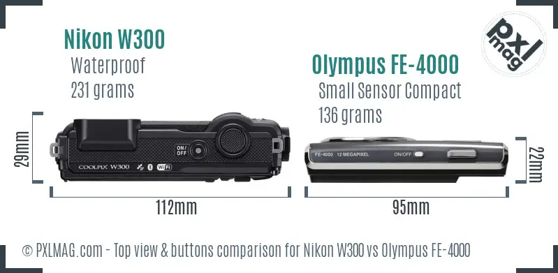 Nikon W300 vs Olympus FE-4000 top view buttons comparison