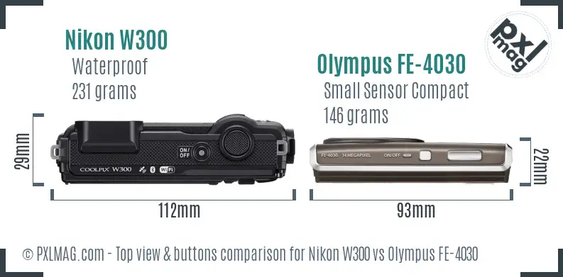 Nikon W300 vs Olympus FE-4030 top view buttons comparison Nikon W300 vs Olympus FE-4030 top view buttons comparison