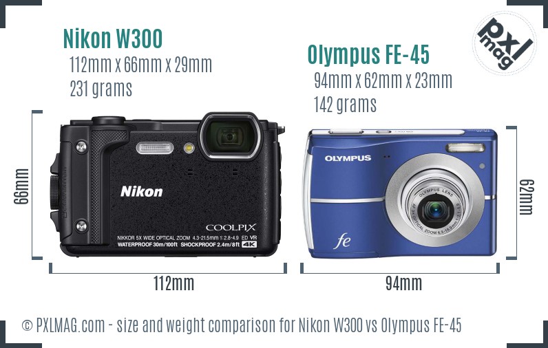 Nikon W300 vs Olympus FE-45 size comparison