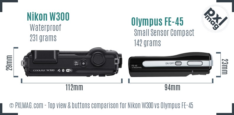 Nikon W300 vs Olympus FE-45 top view buttons comparison