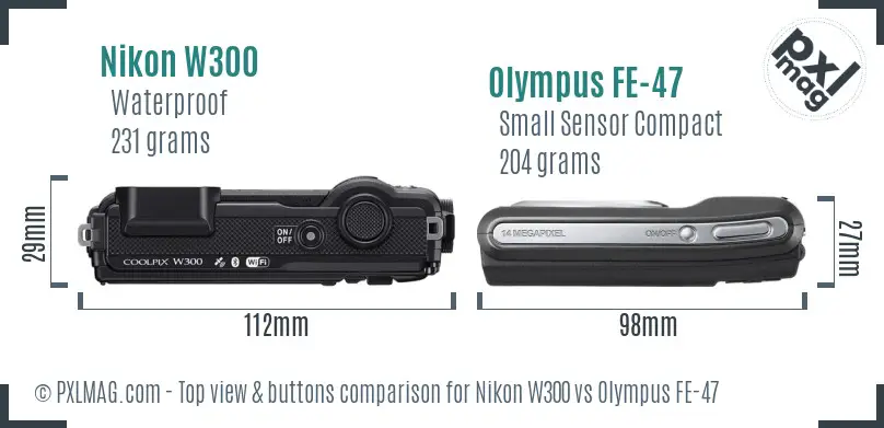 Nikon W300 vs Olympus FE-47 top view buttons comparison
